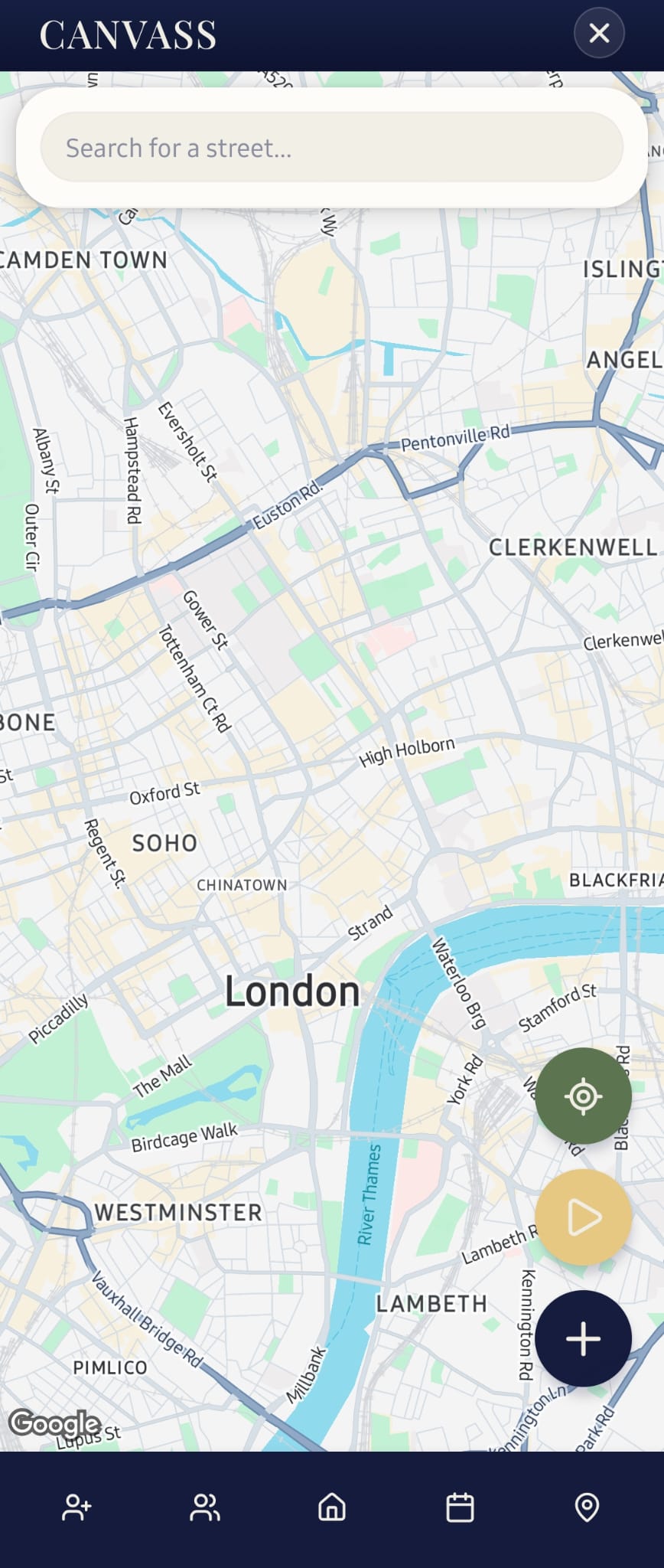 MyRound canvassing screen showing prospective customers on a street map