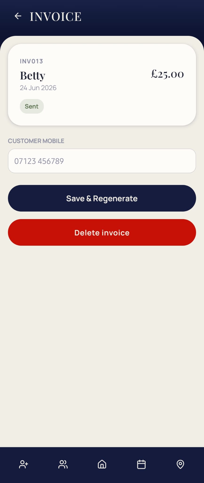MyRound invoice screen showing a sent invoice and customer details