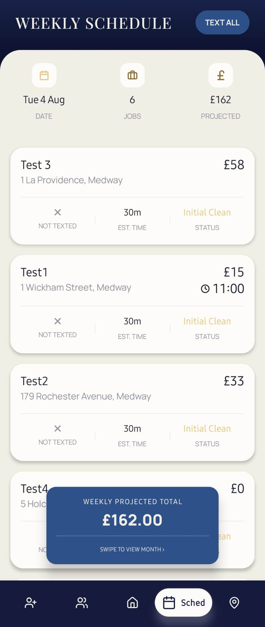 MyRound weekly schedule screen showing jobs and projected earnings